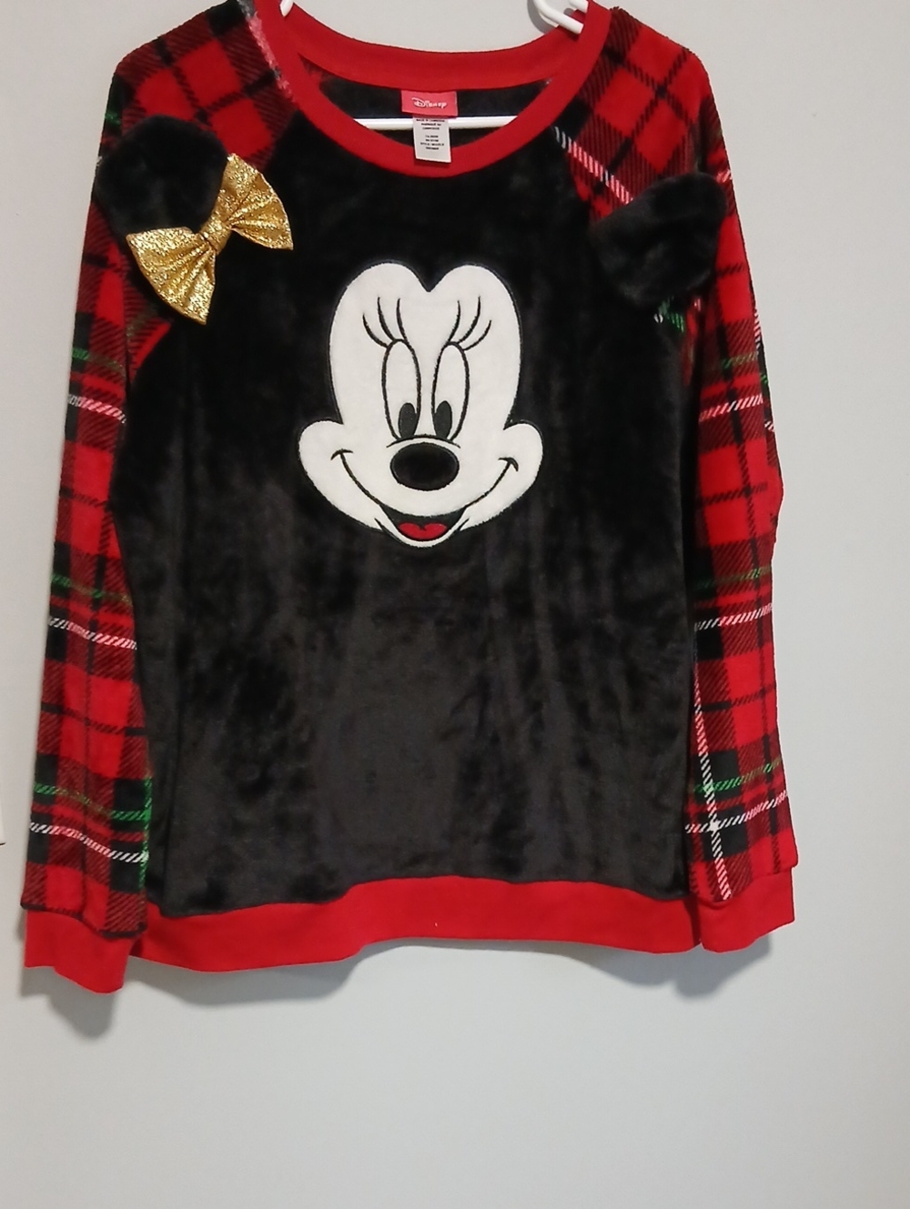 Disney Black & Red Plaid Minnie Mouse Plush Sweatshirt with Gold Bow And Pants